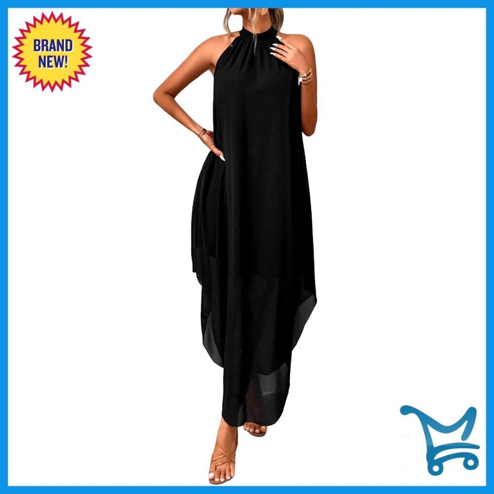 Elegant Halter Formal Dress Asymmetrical Flowy Sleeveless Wedding Guest Chic